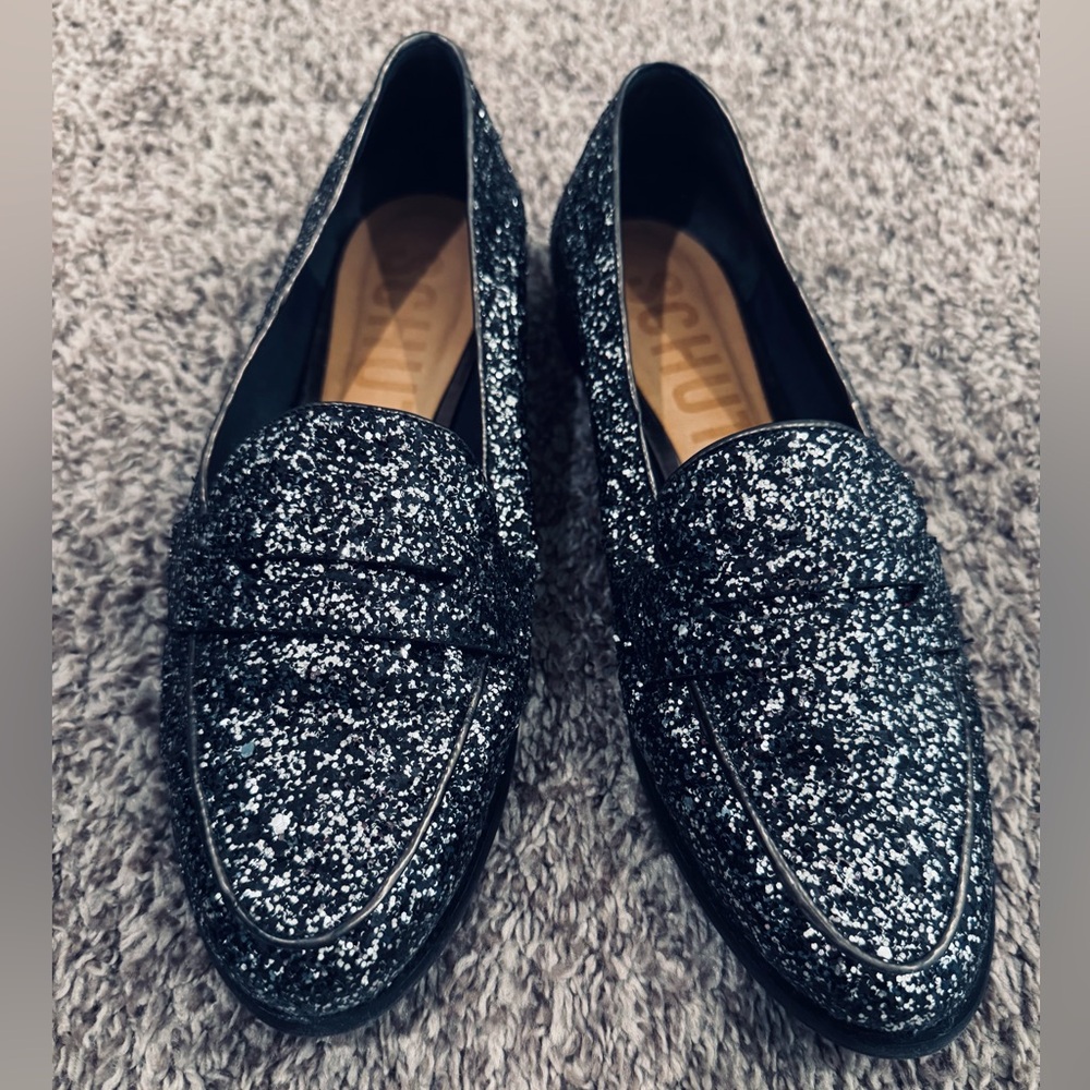 Schutz Sparkly Black and Silver Loafers